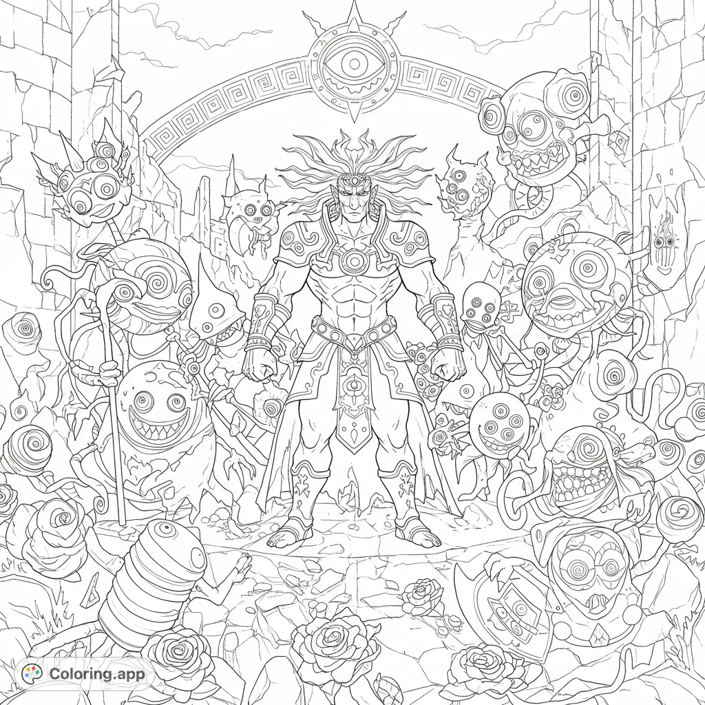 Unleash your creativity on this epic Zelda Tears of the Kingdom villains coloring page, featuring Ganon and his menacing horde in a ruined Hyrule.
