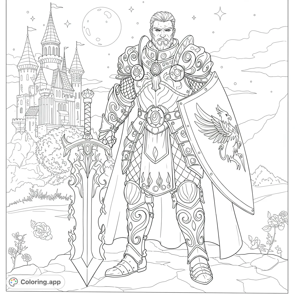 A valiant griffin knight stands guard at his castle, wielding a sword with flame-like elements and a griffin shield, under a starry night sky.