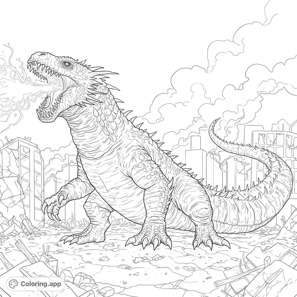 Witness a colossal bearded dragon unleashing a powerful energy blast, causing widespread destruction across a detailed cityscape. A thrilling monster coloring page.