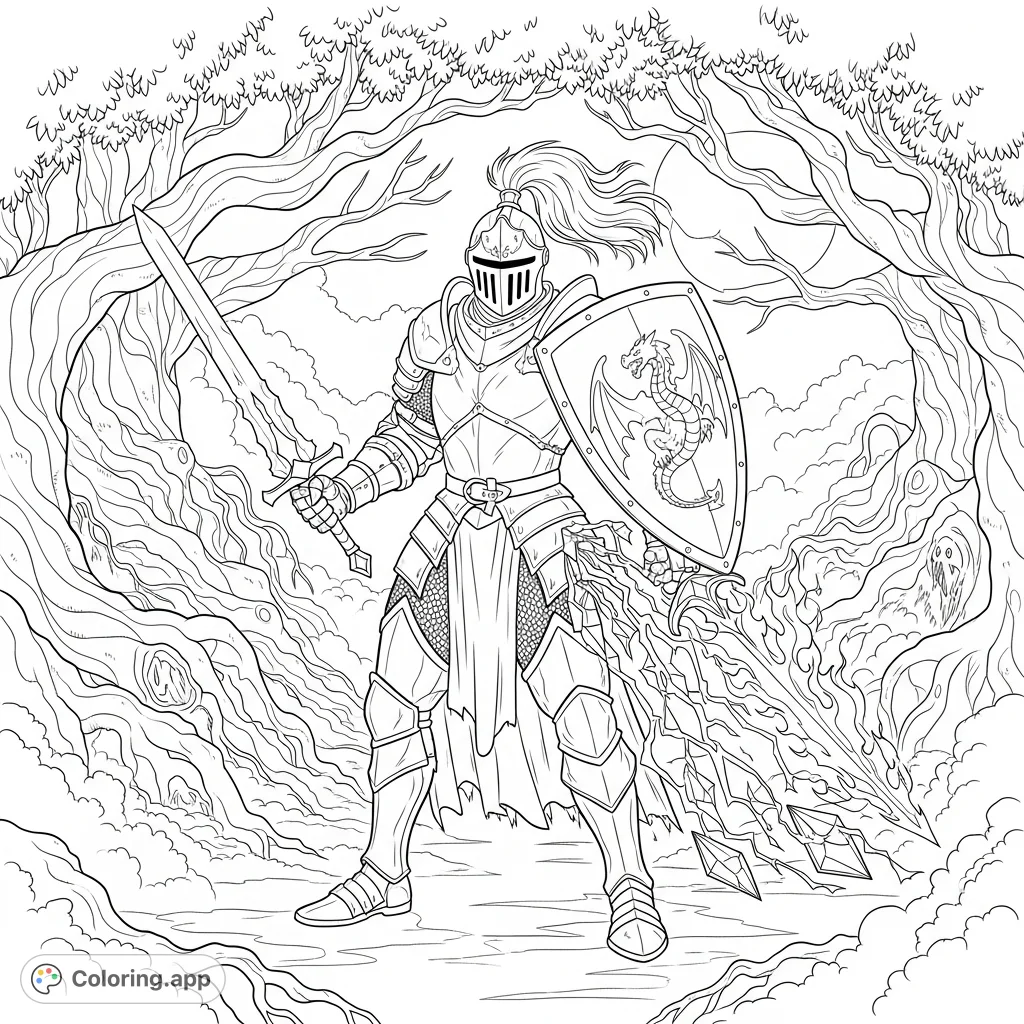 Embark on a mystical journey with this fantasy knight coloring page, featuring a warrior with elemental swords and an electric crystal tail in a spooky forest.