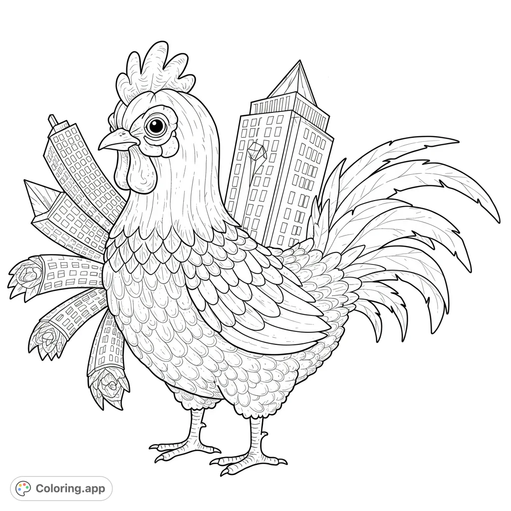Discover a unique chicken creature with a pumpkin head, nine skyscraper arms, and a sparkling diamond tail. A whimsical and detailed coloring adventure awaits!
