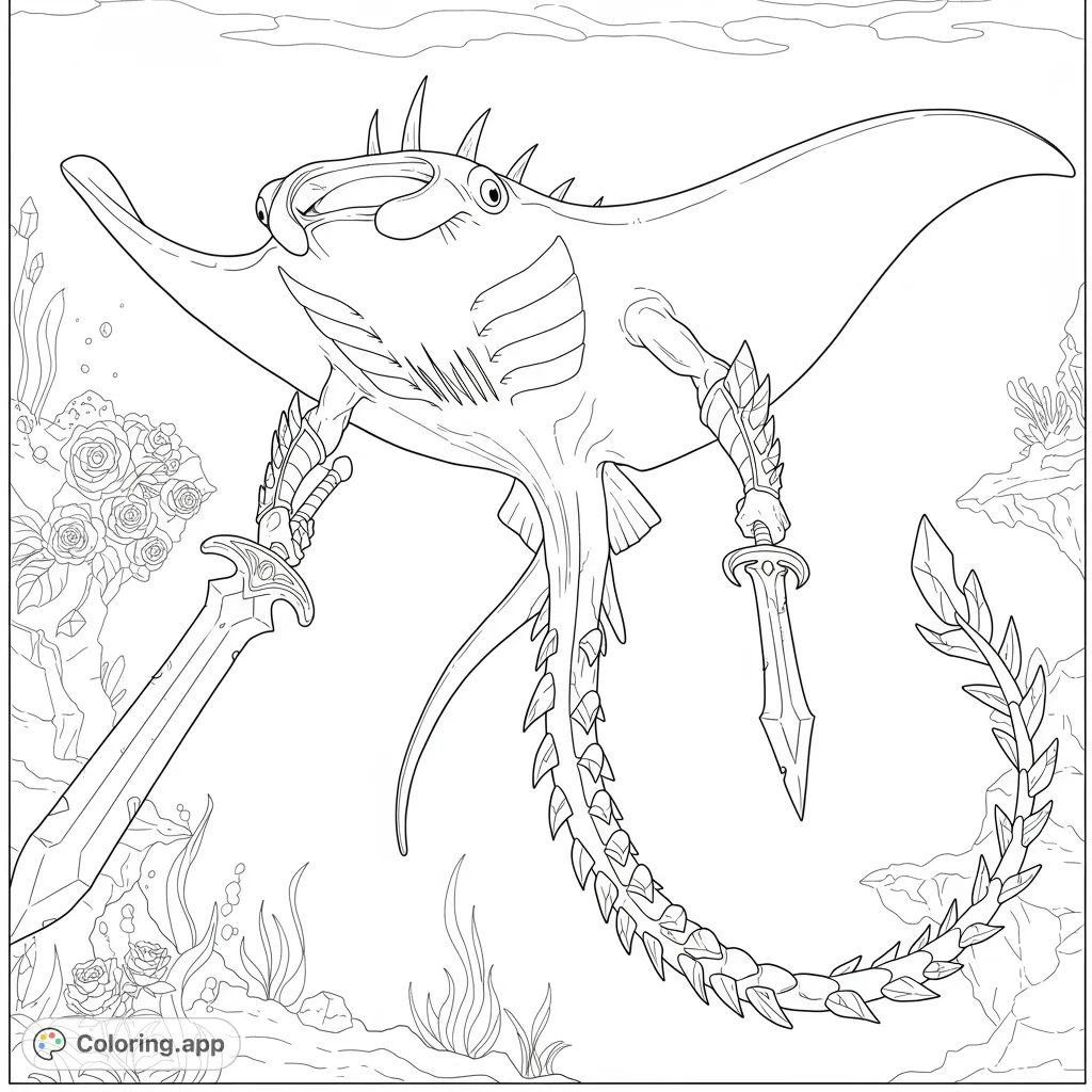 Dive into an epic underwater realm with a formidable spiked manta ray, wielding huge swords and featuring a crystalline stinger. A unique fantasy creature!