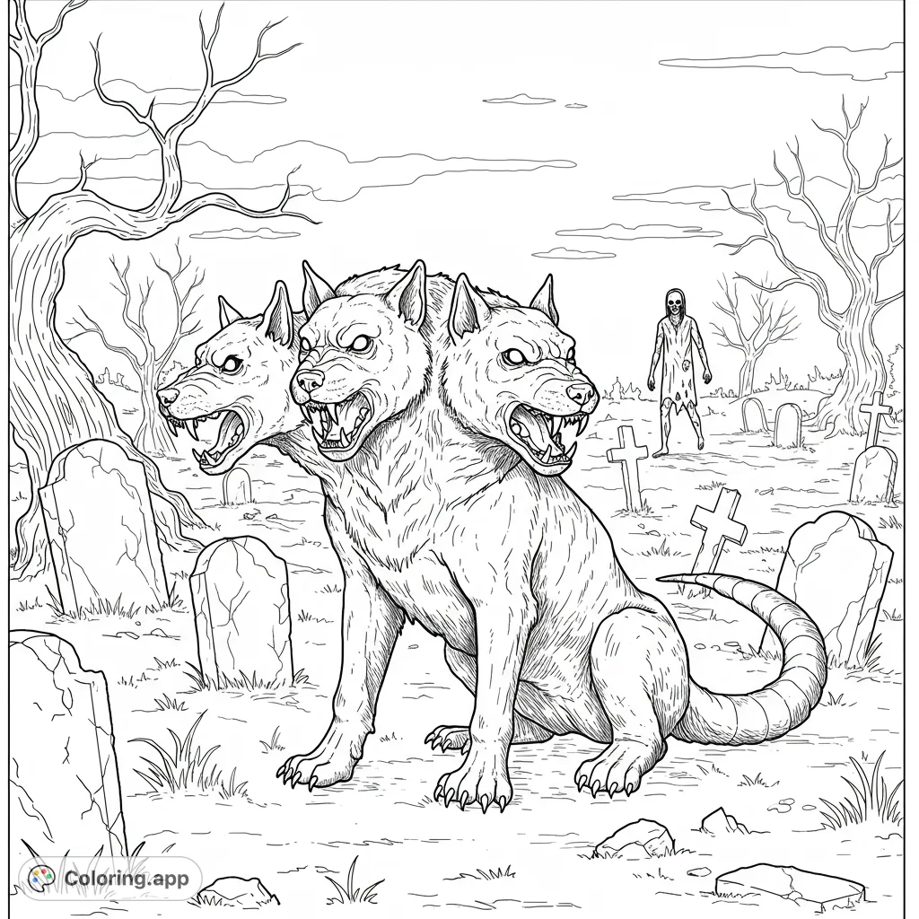 A formidable three-headed dog with a stone tail guards a desolate graveyard, while a walking zombie lurks among weathered tombstones and gnarled trees.