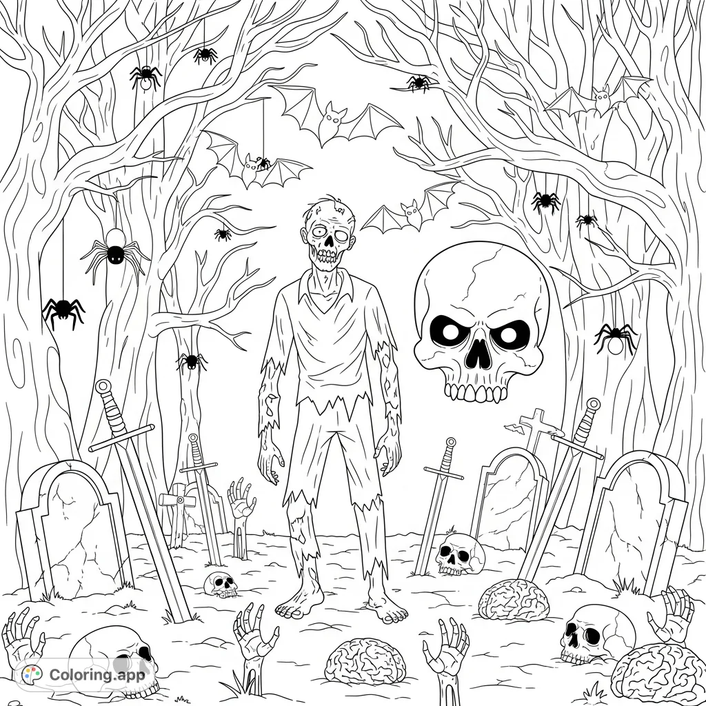 Unleash your creativity on this chilling zombie coloring page, featuring a decaying undead figure amidst a macabre forest with gravestones, skulls, and eerie creatures.