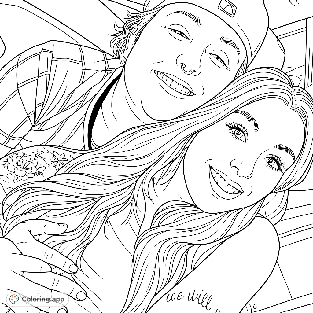 Capture a heartwarming moment with this couple portrait coloring page. Two smiling individuals in a car, perfect for expressing connection and joy.