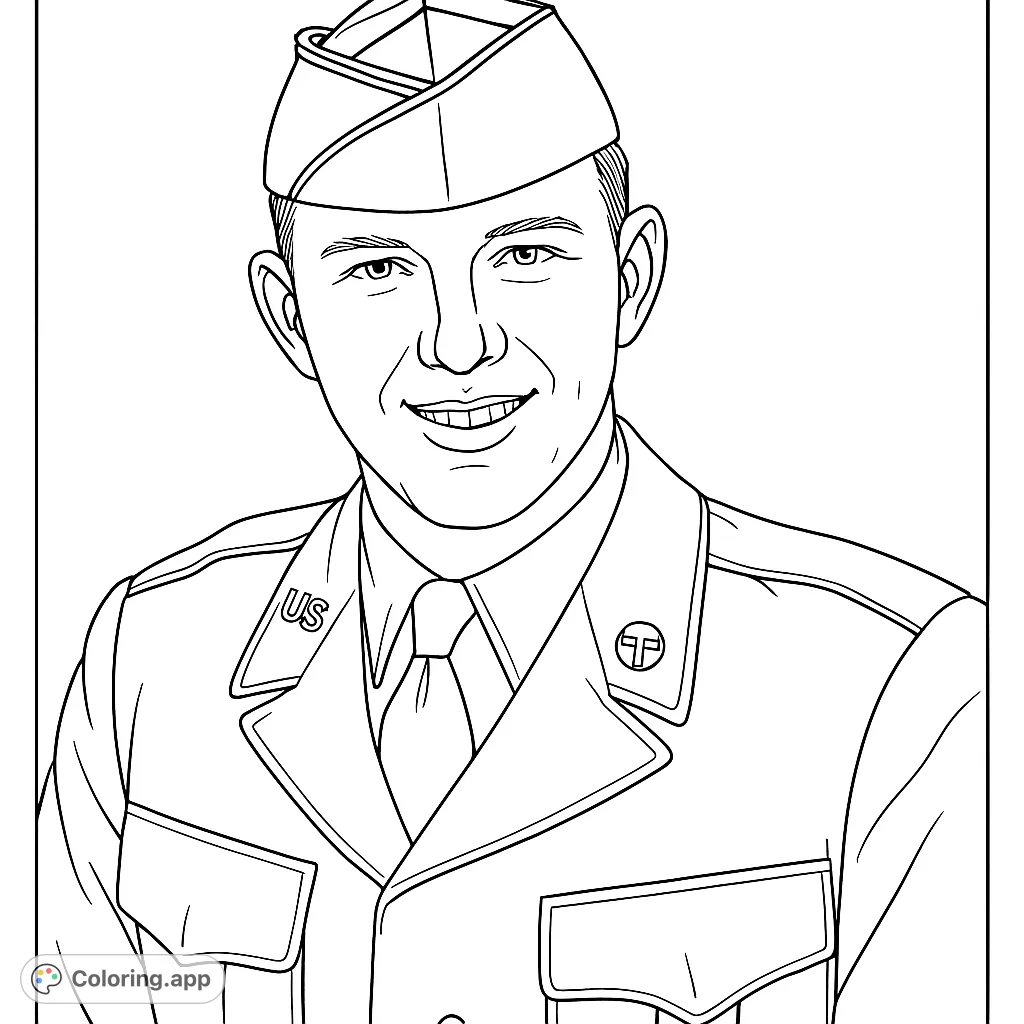 Capture the spirit of service with this military portrait coloring page. Features a smiling service member in uniform, perfect for honoring heroes.
