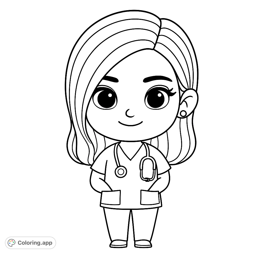 A delightful chibi nurse character, perfect for young aspiring healthcare heroes. Simple lines for easy coloring fun.