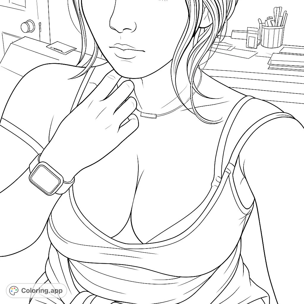 A detailed portrait of a person in a relaxed pose, featuring a watch and necklace. Perfect for adult colorists seeking a realistic figure study.
