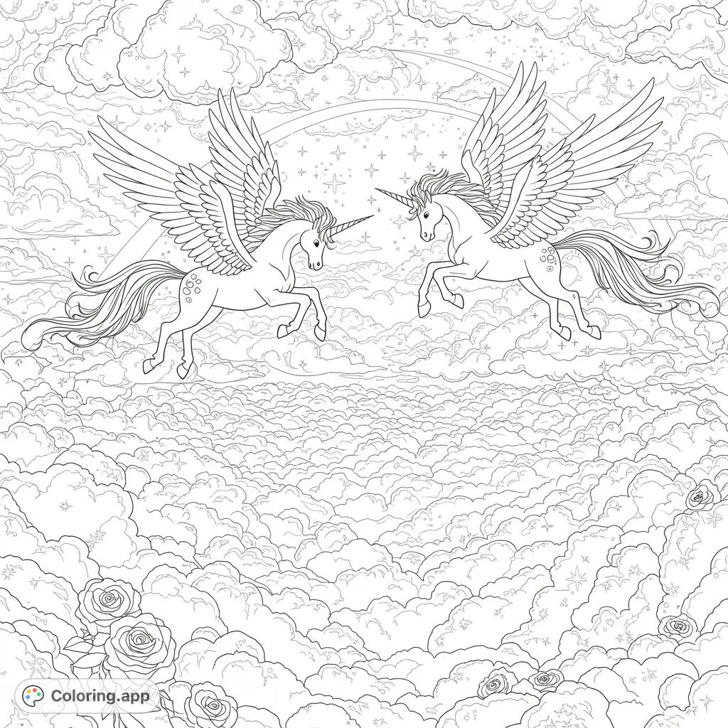 Two winged unicorns playfully chase through a cloud labyrinth under a celestial sky with a double arc and scattered stars. A magical scene for coloring.