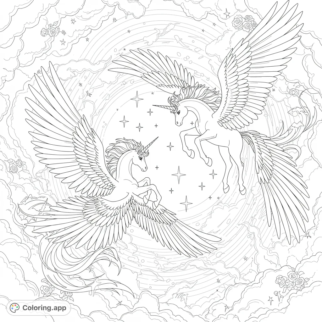 Witness two majestic winged unicorns descending through a celestial cloud vortex, framed by a rainbow and drifting stars. A magical scene for coloring.