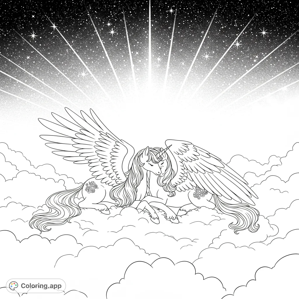 Discover two elegant winged unicorns resting on a fluffy cloud beneath a grand spectrum of light and twinkling stars. A serene celestial scene awaits your colors.