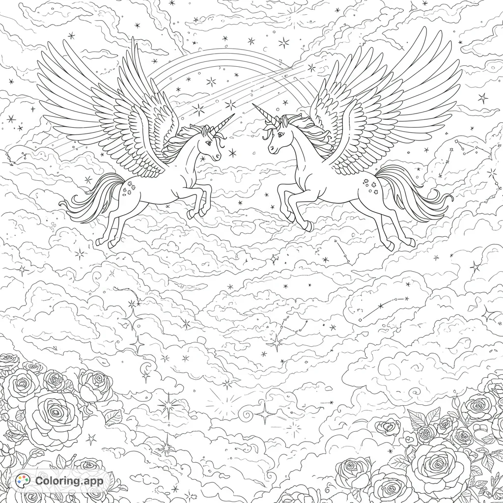 Soar with two majestic winged unicorns through a celestial sky, navigating swirling clouds and a guiding rainbow. A magical fantasy adventure awaits!
