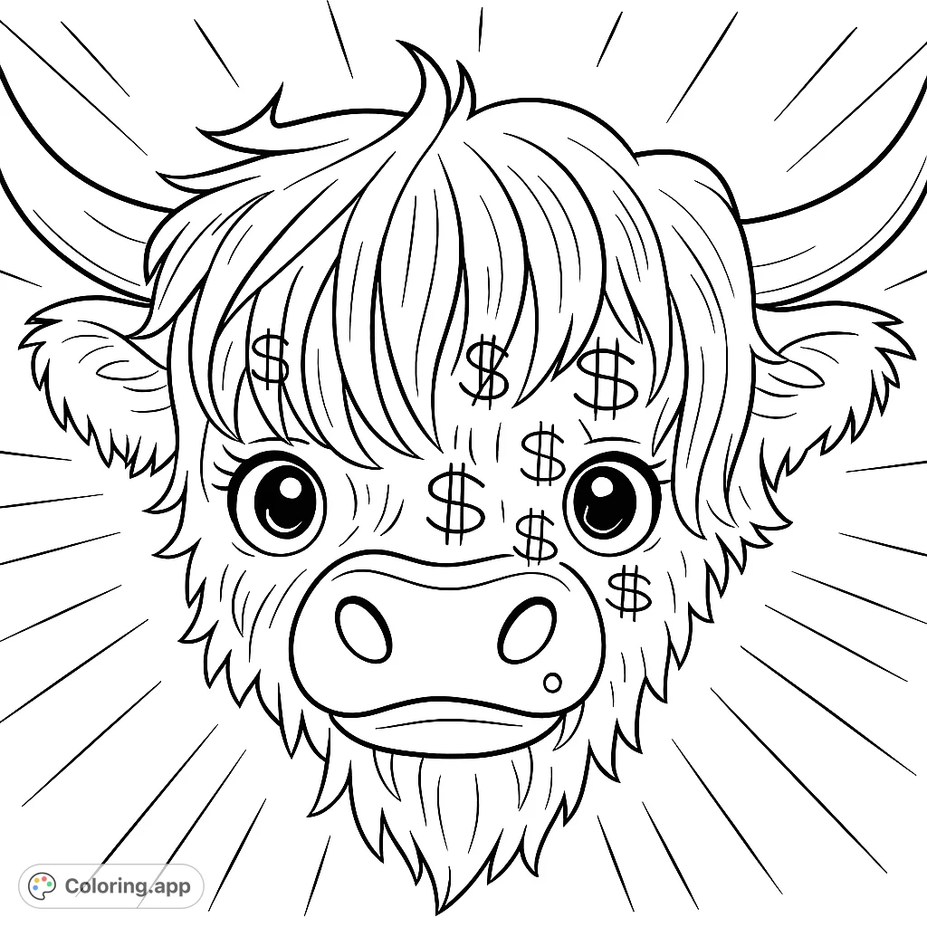 Color a unique shaggy bull with dollar signs, featuring anime-inspired eyes and expressions. A highly detailed, dynamic composition for creative fun!