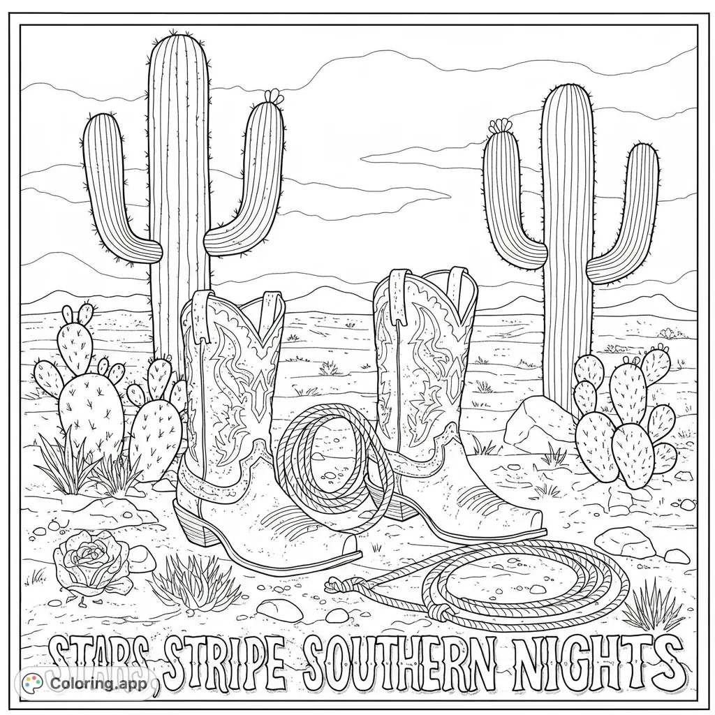 Explore a detailed southern-themed coloring page featuring a classic cowboy boot, coiled lasso, and various cacti, set against a desert backdrop.