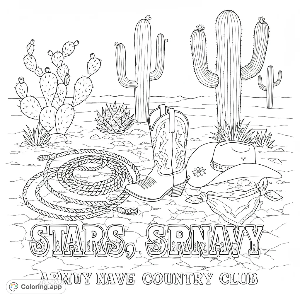 Explore a charming southern desert scene with lassos, cacti, cowboy boots, and rustic elements, featuring bubble text for a unique coloring experience.