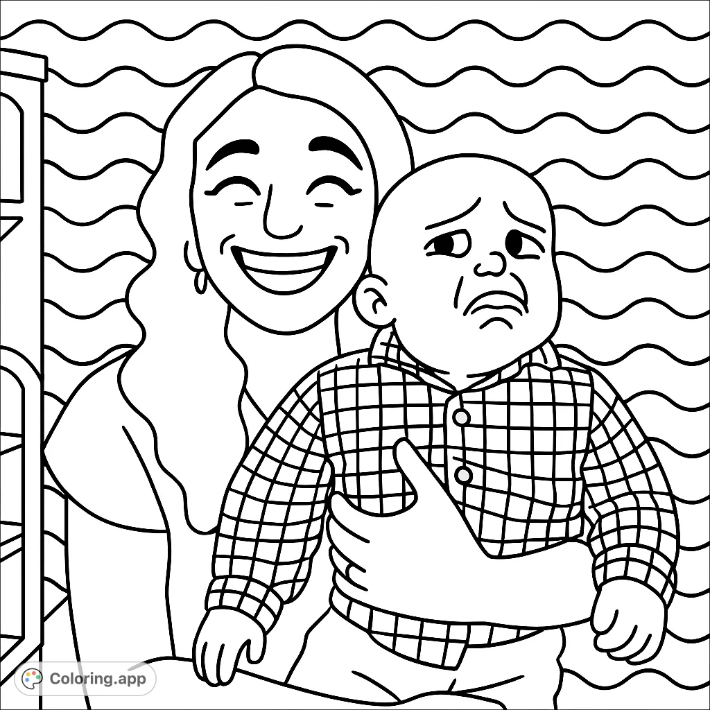 Capture a heartwarming moment with a smiling woman embracing a pouting baby. A simple, cartoony design with bold outlines and a wave pattern background.