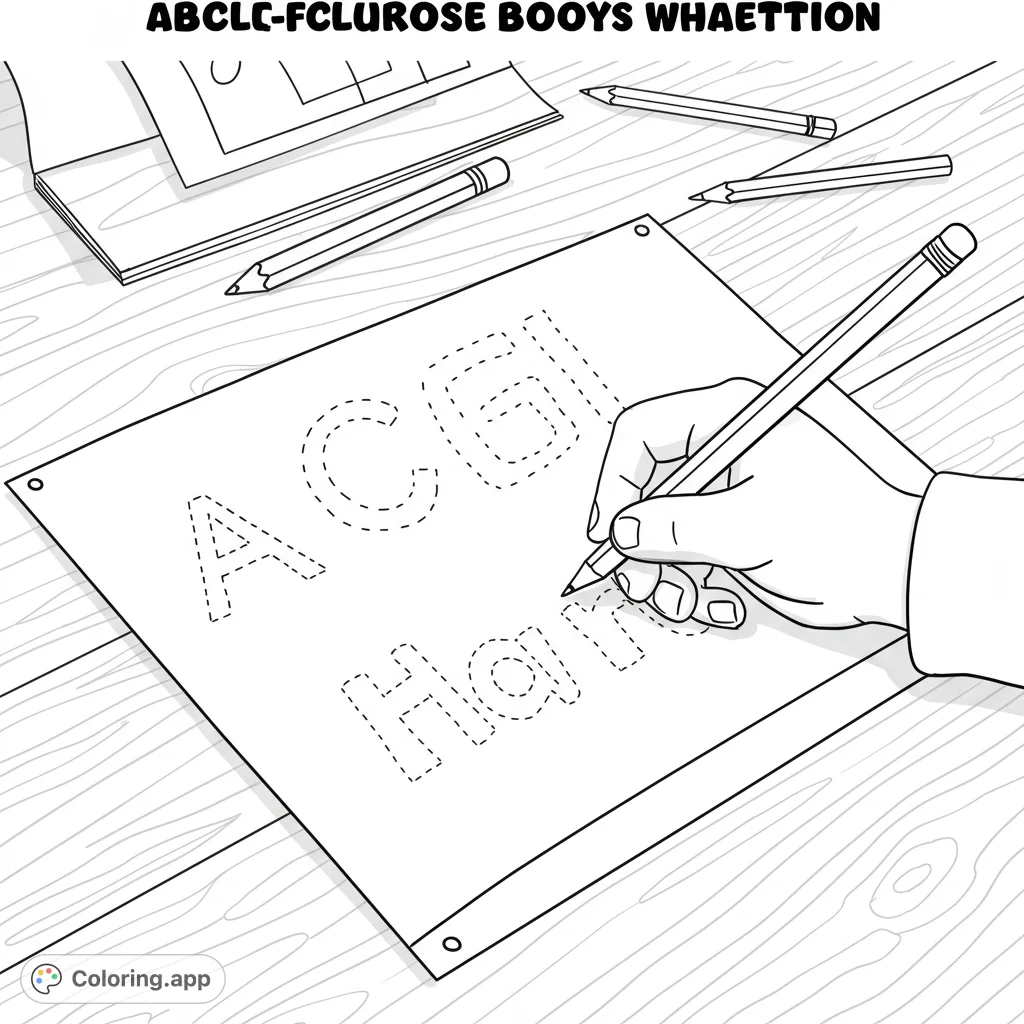 A child's hand traces dotted alphabet letters and a personalized name on a desk, perfect for early learning and fine motor skill development.