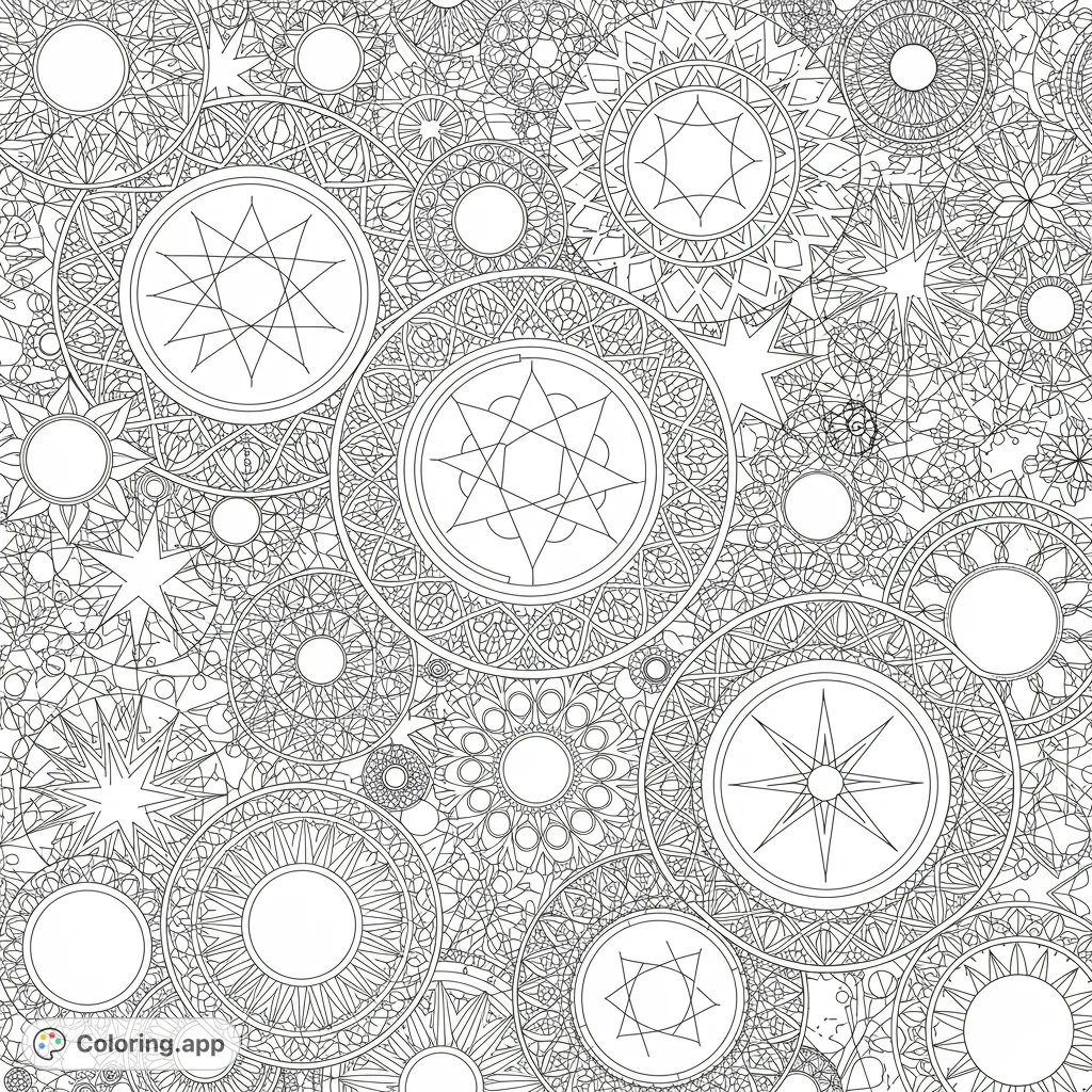 Dive into a mesmerizing world of overlapping geometric circles and intricate stars. A complex pattern perfect for detailed coloring.