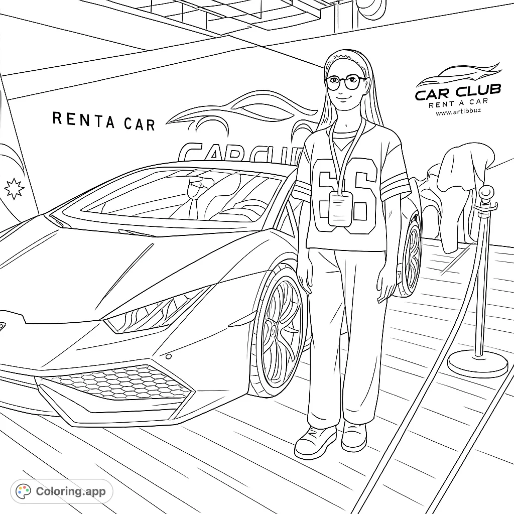 A dynamic sports car and a young enthusiast at an automotive show. Perfect for car lovers to color and customize this sleek vehicle.
