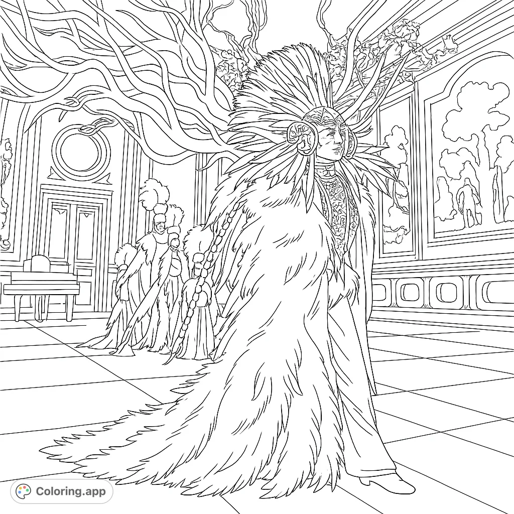 Color a majestic figure in an elaborate costume amidst a grand, ornate hall with intricate details and dramatic organic structures. Free printable.