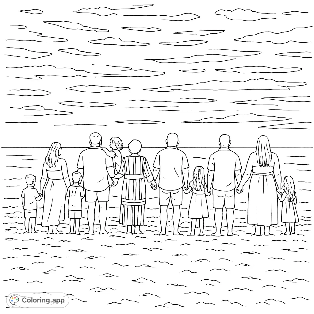 A heartwarming family beach coloring page featuring multiple generations holding hands by the ocean. Perfect for all ages!