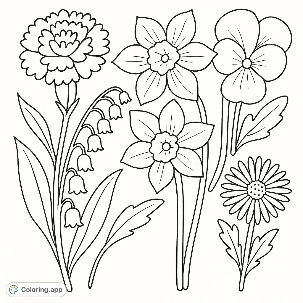 A delightful assortment of spring flowers, including a carnation, daffodils, lily of the valley, pansy, and aster, perfect for a relaxing coloring experience.