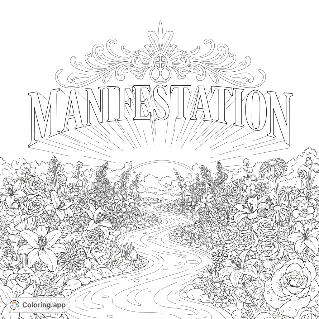 A highly detailed Manifestation coloring page featuring a grand word, ethereal light arc, and a lush garden with flowing water. A free printable coloring page for adults.