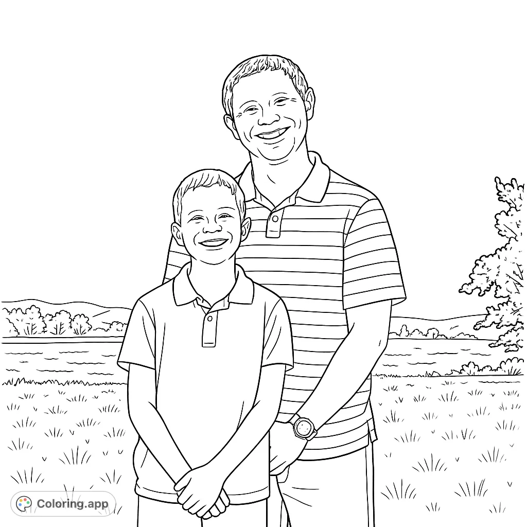 Capture a heartwarming father and son moment by a serene lake. A perfect family portrait coloring page for all ages to enjoy and personalize.