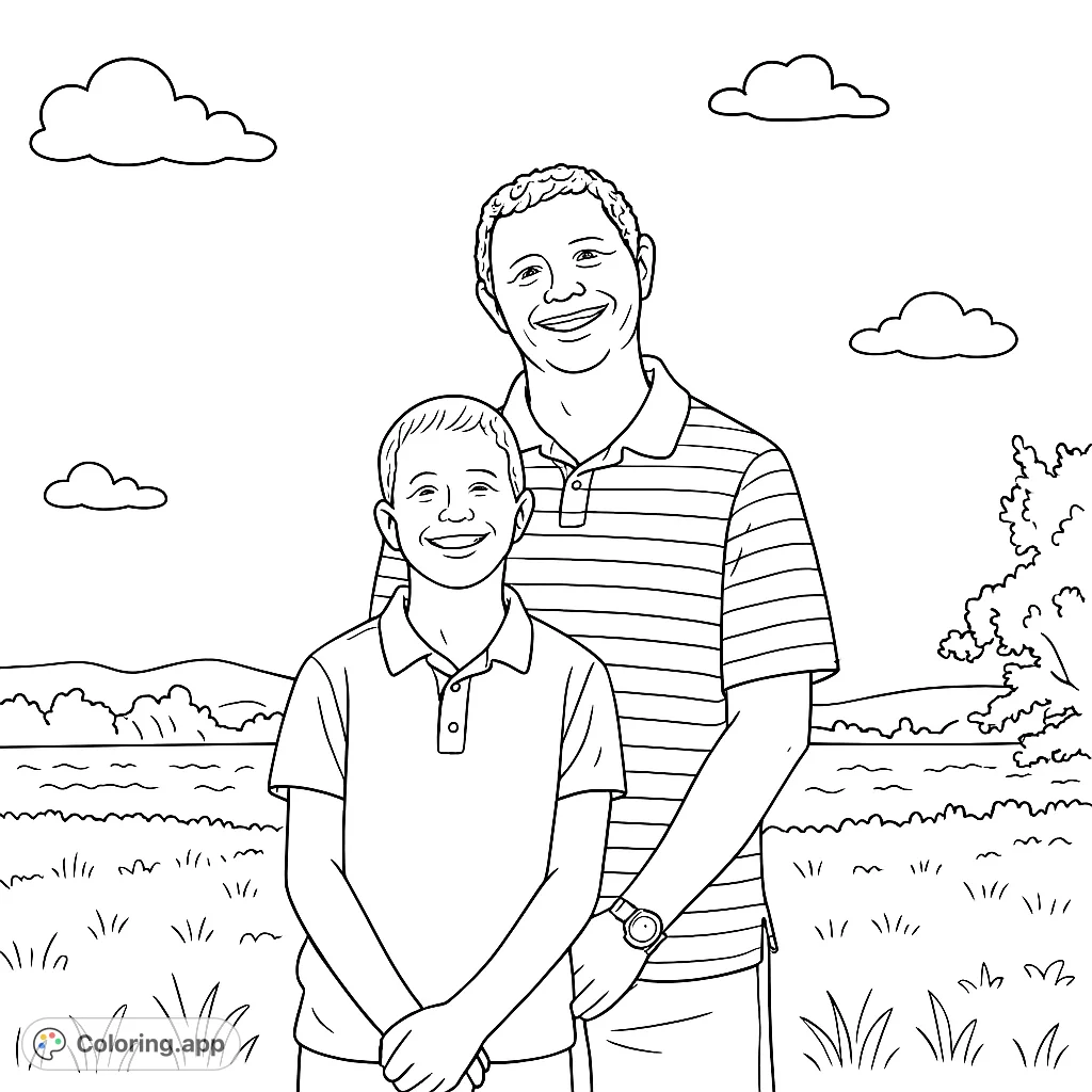 A heartwarming father and son portrait by a serene lake, perfect for a relaxing coloring experience. Capture family memories with your creative touch.