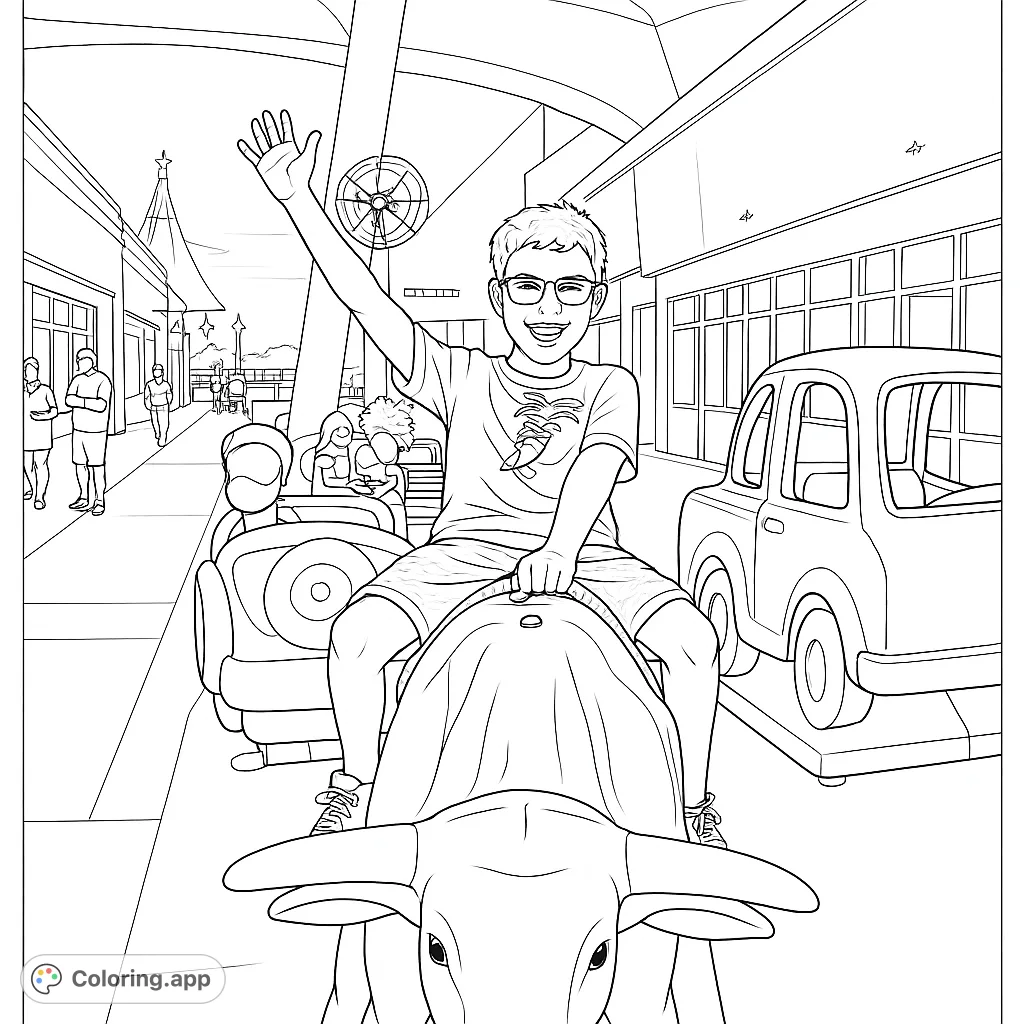 A cheerful boy rides a mechanical bull at a bustling outdoor mall, surrounded by shops and other fun rides. Perfect for a playful coloring adventure!