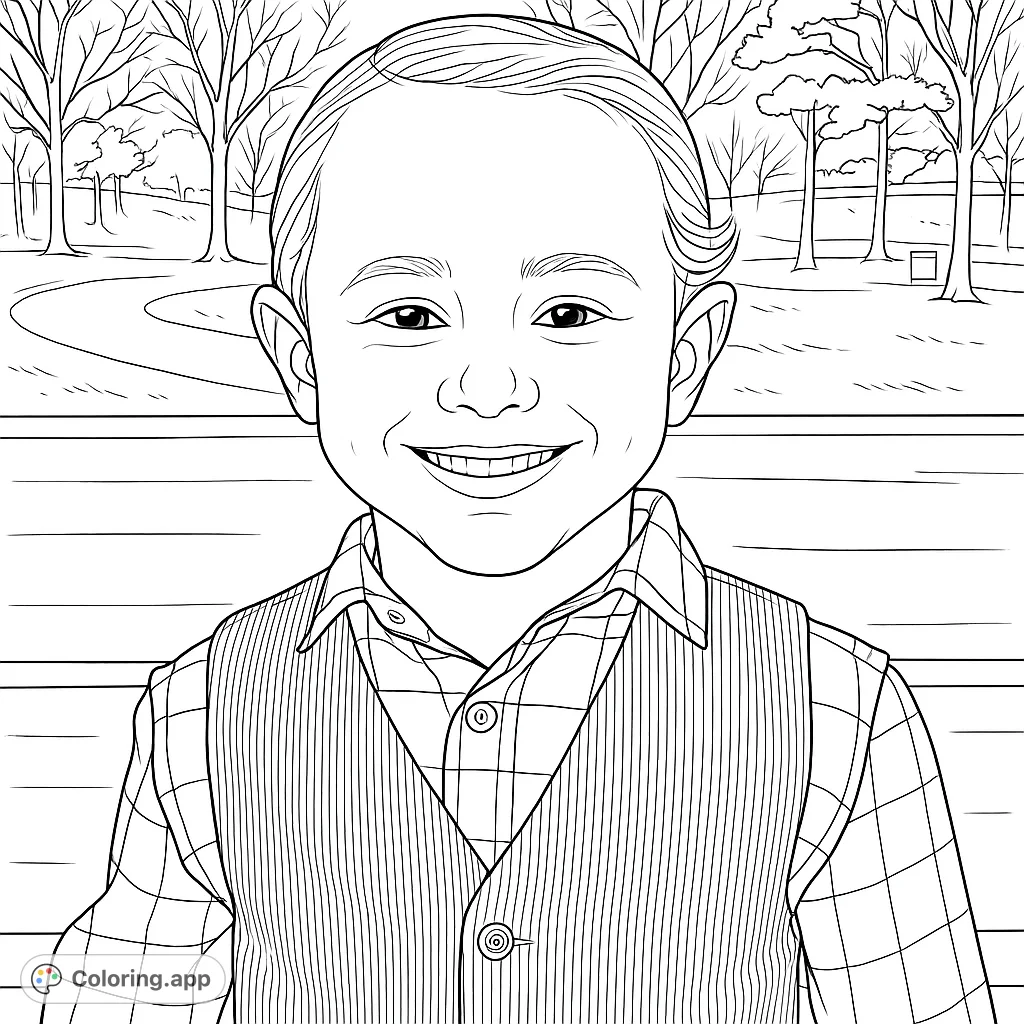 A delightful coloring page featuring a smiling child in a plaid shirt and vest, set against a serene park background. Perfect for young artists.