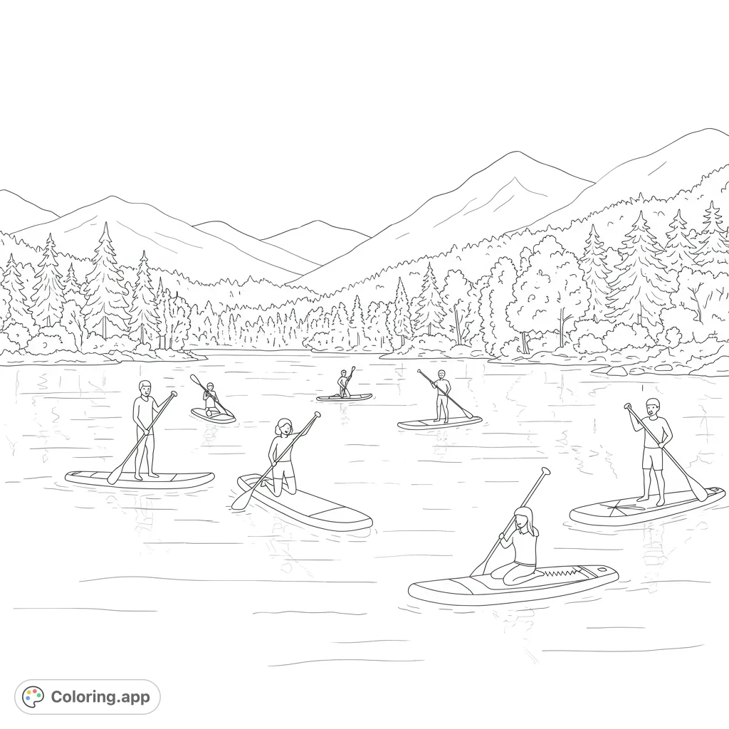 A peaceful lake scene with paddleboarders and a small watercraft, surrounded by a dense forest and majestic mountains under a vast sky. Perfect for nature lovers.