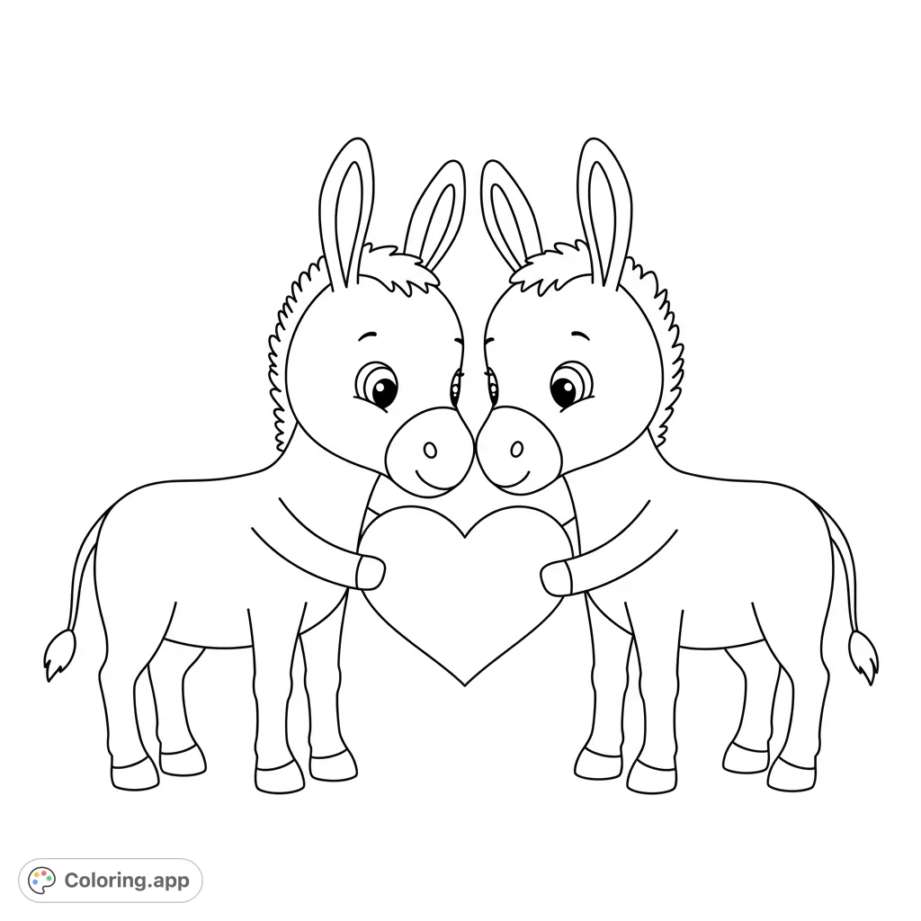 A heartwarming scene featuring two adorable donkeys cuddling closely and holding a heart, perfect for a sweet and simple coloring experience.