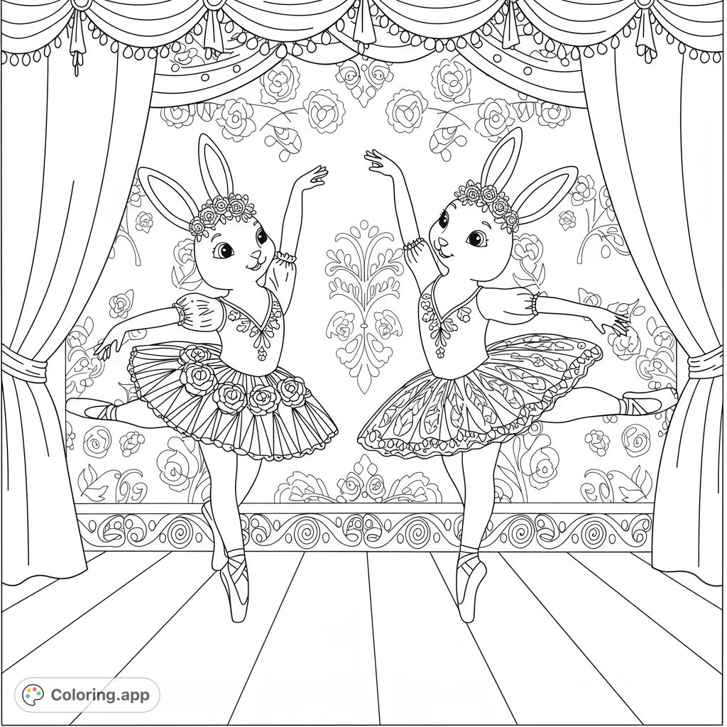 Two adorable bunnies perform a graceful ballet on stage, complete with tutus and slippers. A charming free printable bunny ballet coloring page for kids.