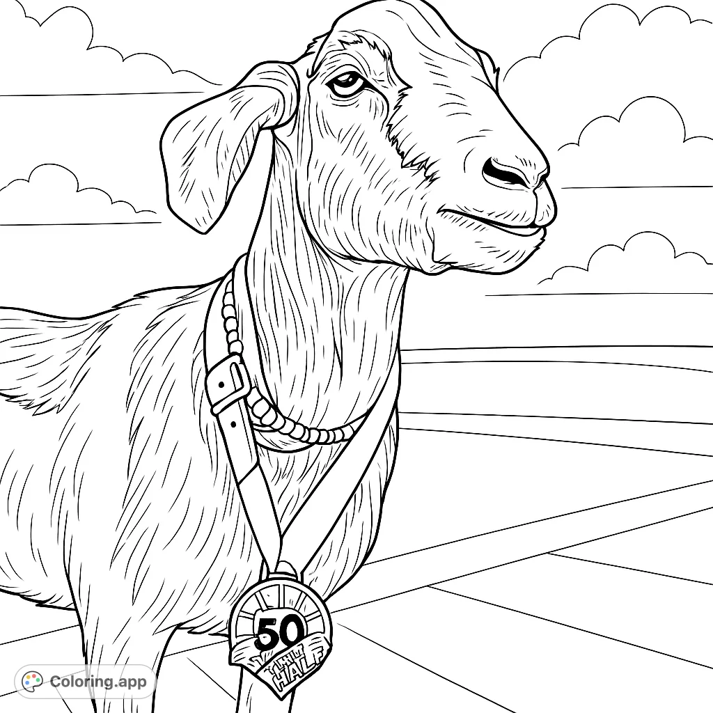 Color a charming goat wearing a special medal and beaded necklace, standing by a scenic waterfront. A delightful animal coloring page for all ages.