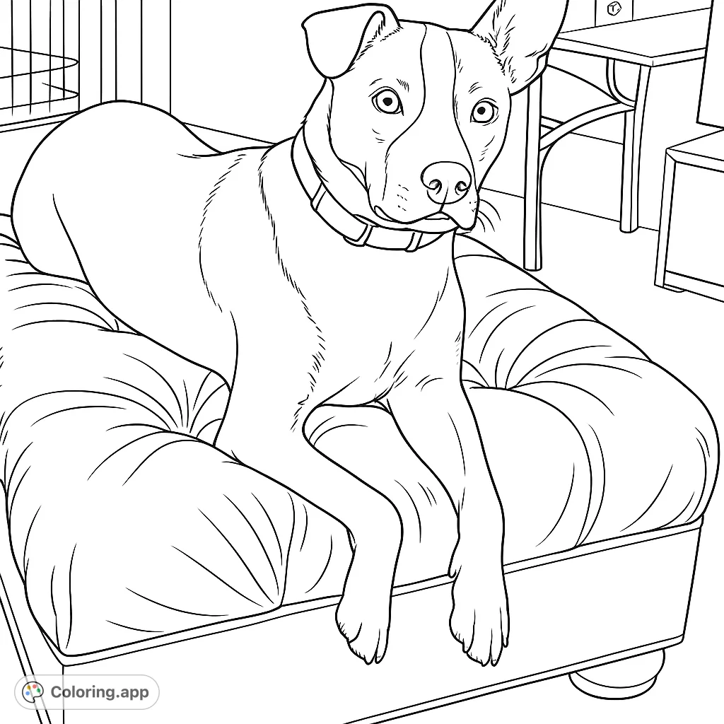 A charming dog relaxes on a plush ottoman, perfect for animal lovers. Features distinct fur patterns and an engaging gaze.