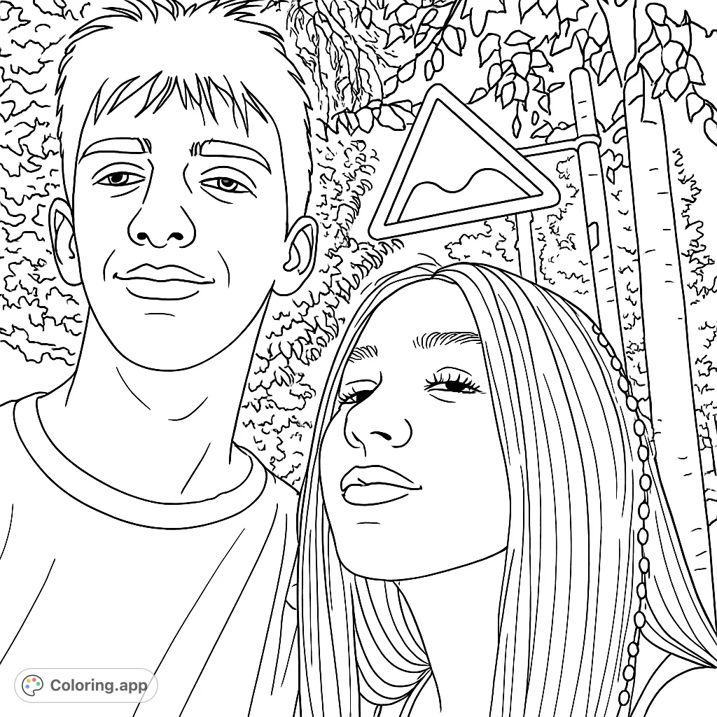 Capture a sunny outdoor moment with two young people and a unique road sign. This free printable portrait coloring page offers a fun, engaging activity for all ages.