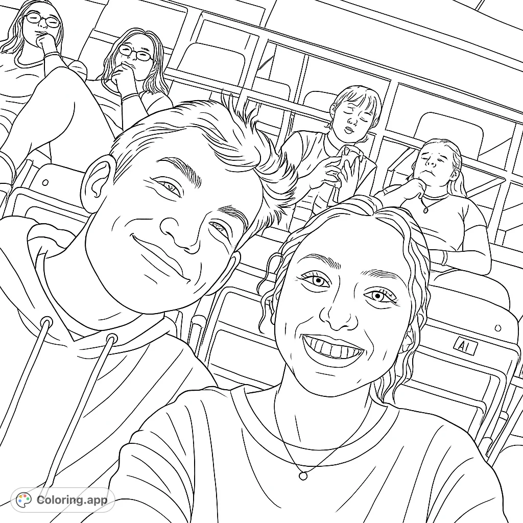 Capture the joy of a shared experience with this group gathering coloring page. Features smiling faces in a lively venue, perfect for creative expression.