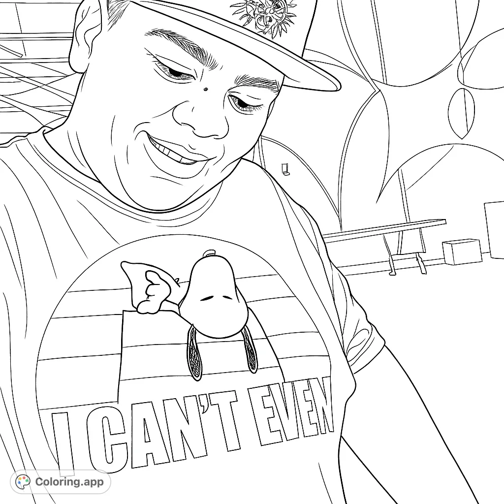 Color a fun portrait featuring a person in a Snoopy t-shirt and cap, set against an abstract background. Perfect for character fans!