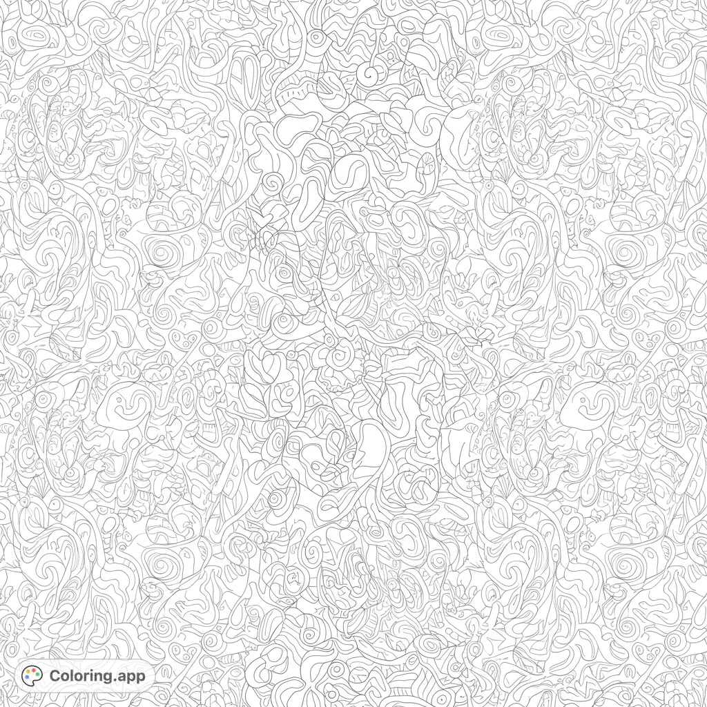 Explore a mesmerizing abstract design filled with intricate, flowing squiggly lines. A unique free printable coloring page for creative expression.