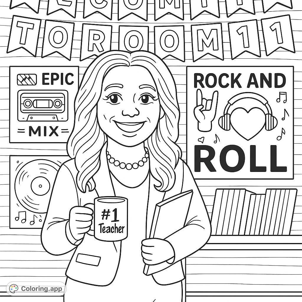 A cheerful teacher in her music-themed classroom, holding a mug and book, with 'Welcome to Room 11' bunting and rock and roll posters.