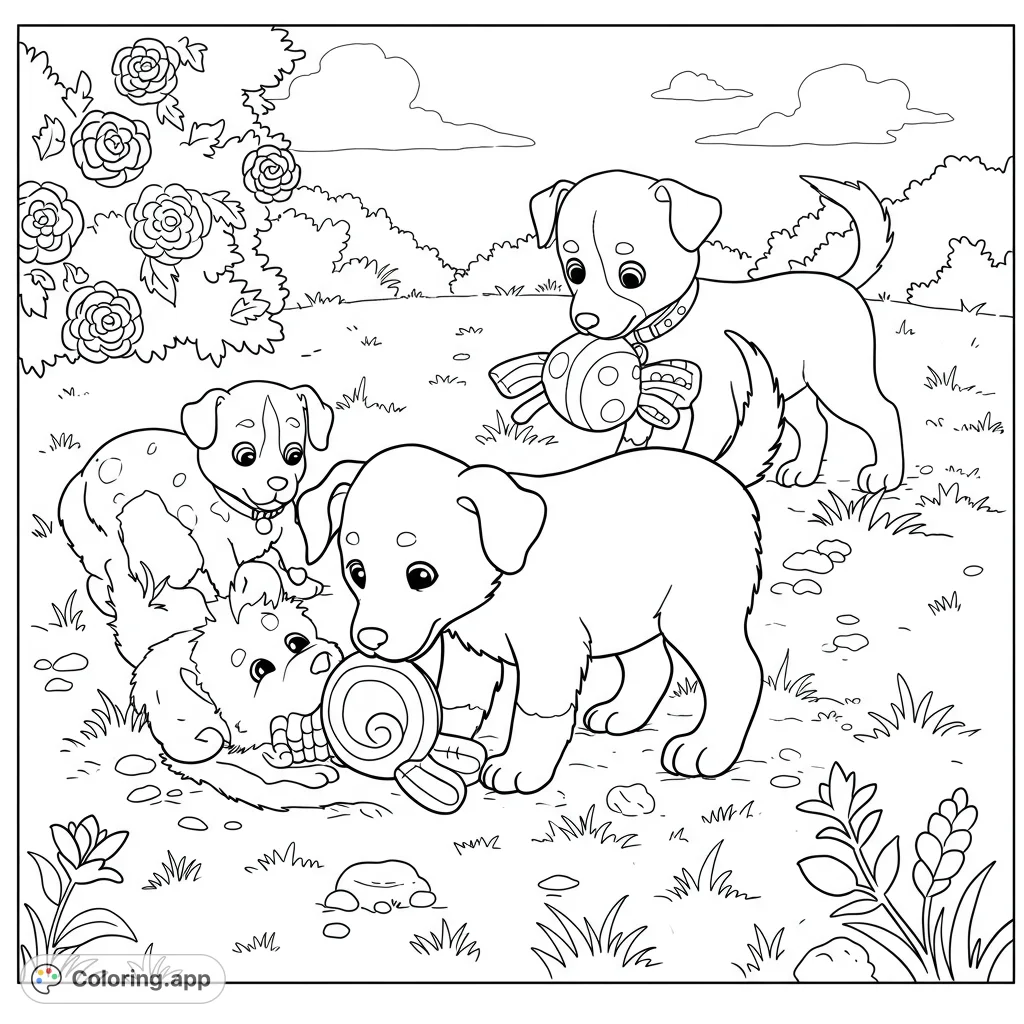 A delightful puppy friends coloring page featuring three adorable puppies playing with a toy in a cheerful outdoor setting. Perfect for animal lovers!