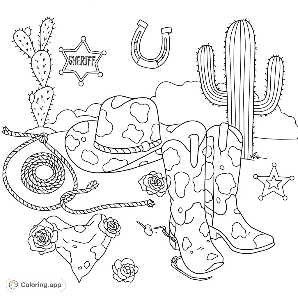 Explore a unique Western cow print coloring page featuring a cowboy hat, boots, lasso, and more, all adorned with classic cowhide patterns.