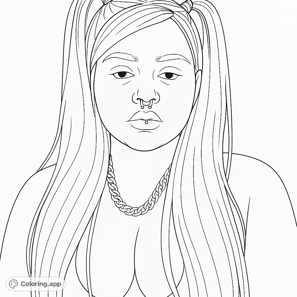 Color a striking portrait featuring a person with unique pigtail hair, multiple piercings, and a bold chain necklace. Express your style!
