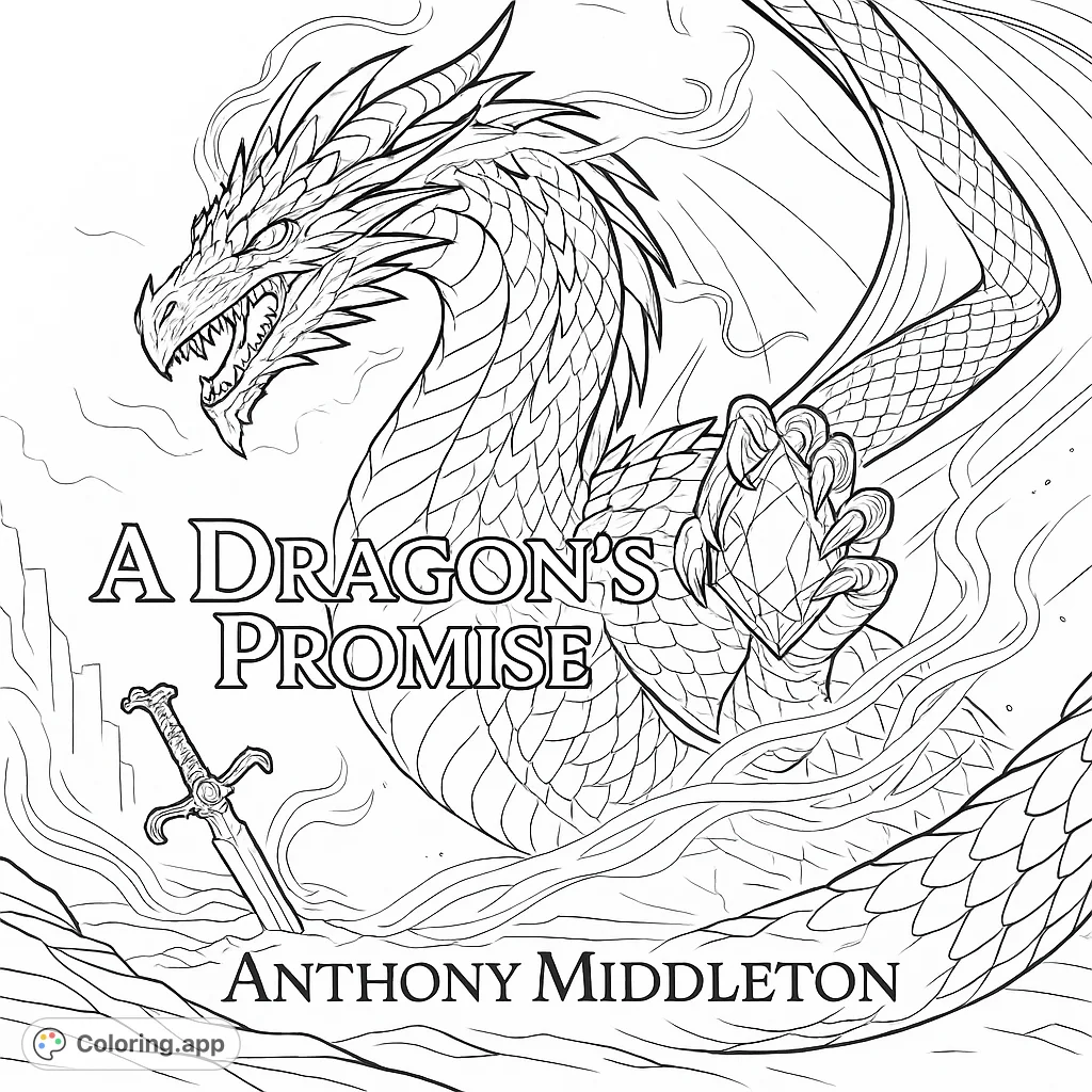 Unleash your creativity with this epic dragon coloring page, featuring a powerful dragon, a mystical gem, and a legendary sword in a dramatic landscape.