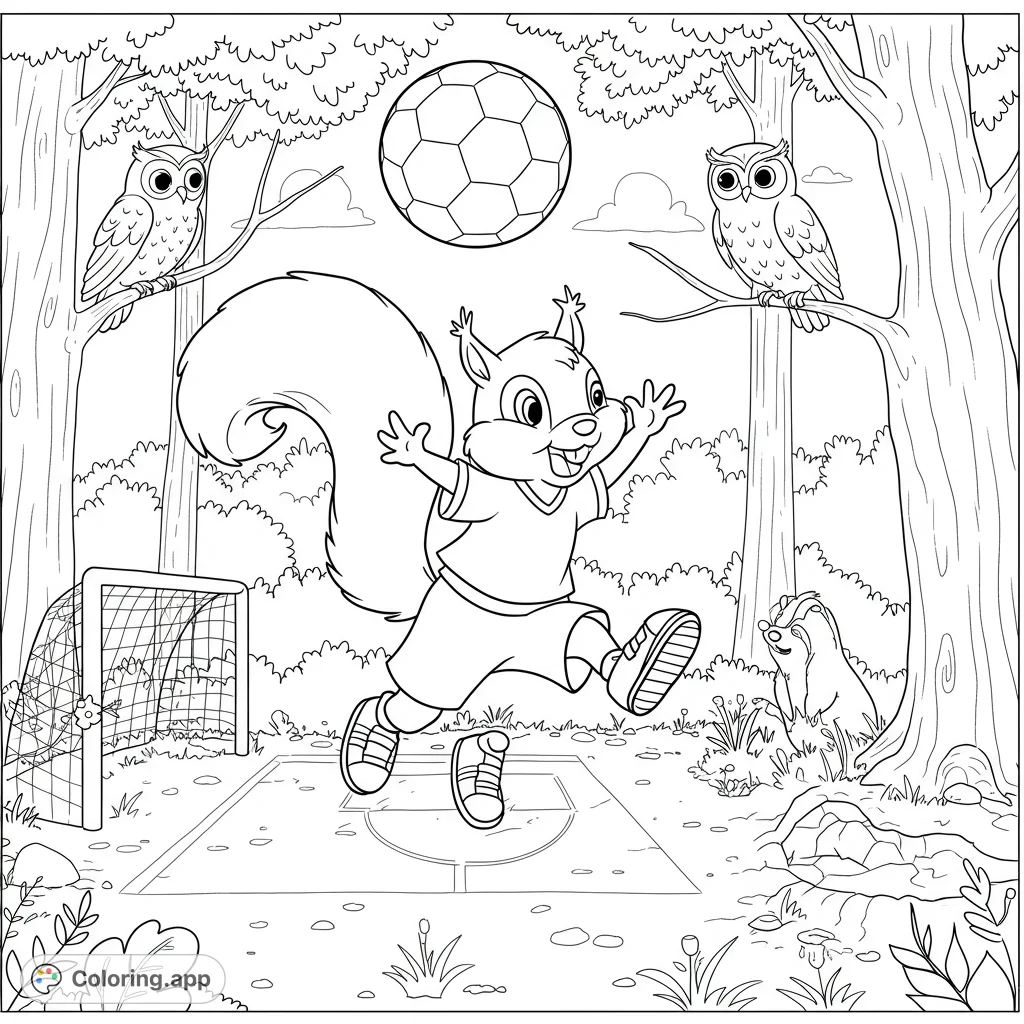 Experience the thrill of Sammy the squirrel mid-air, heading a soccer ball in a vibrant forest clearing, observed by an owl and badger.