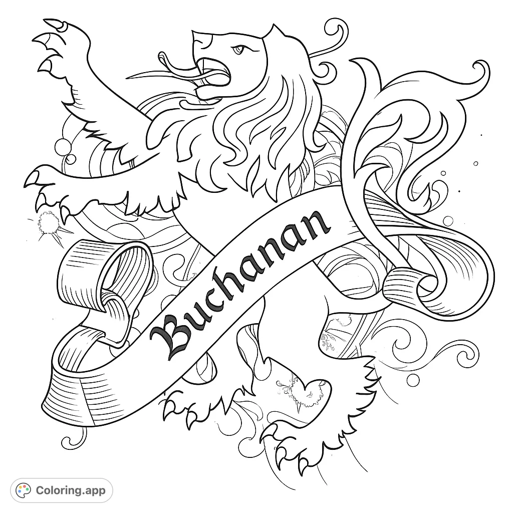 Color a majestic Scottish clan crest featuring a lion rampant, a flowing banner with 'Buchanan', and intricate tartan patterns.