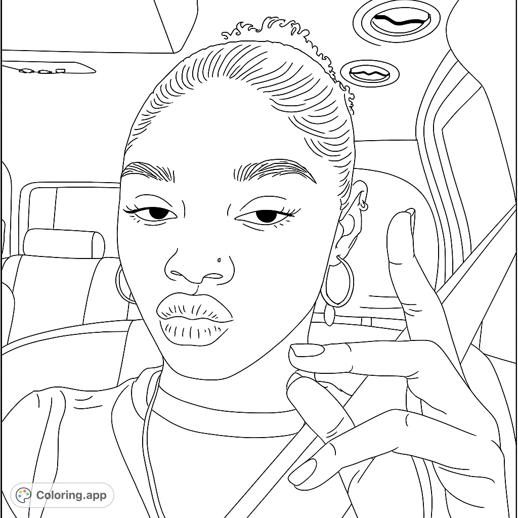 A close-up portrait of a stylish young person in a car, making a peace sign. Features detailed accessories and a dynamic composition.