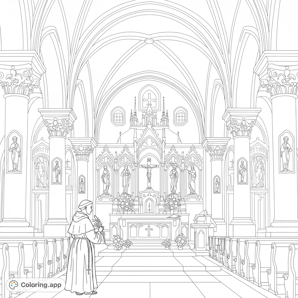 Color Saint Anthony within a grand church, featuring towering pillars and an ornate altar. A spiritual and detailed scene for reflection.