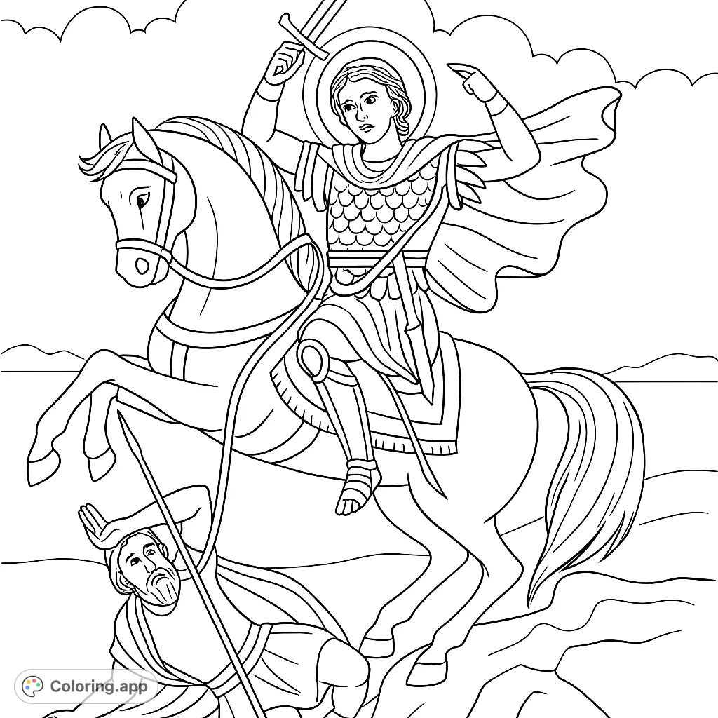 A valiant knight on a rearing horse, wielding a spear and swords, triumphs over a fallen adversary. A dramatic scene for a historical coloring page.